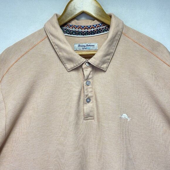 Tommy Bahama Island Zone Polo Shirt Mens XXL Salmon Patterned Collar & Cuffs - Picture 11 of 12